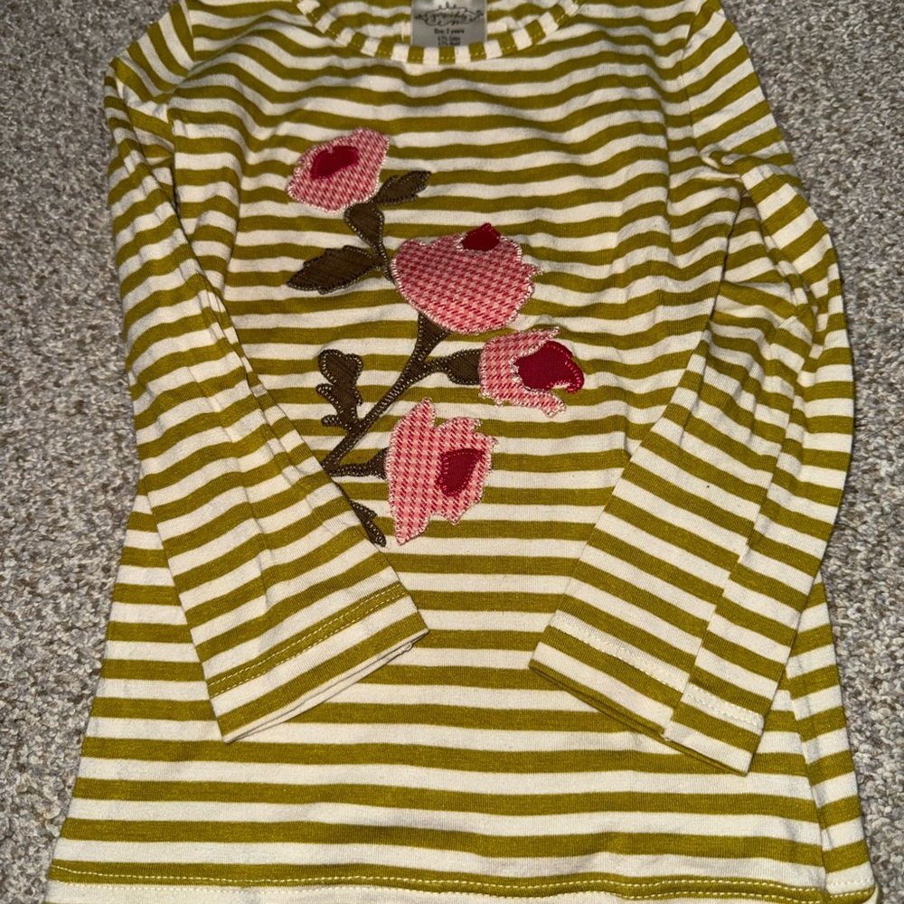 Persnickety Green and White Striped Long Sleeve Tee with Floral Appliqué